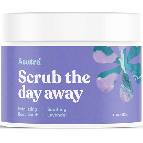 ASUTRA Exfoliante corporal con aceite esencial de sal del Mar Muerto (lavanda calmante) 16 oz - Ultra hidratante suave e hidratante - Aceites de coco, lavanda y bergamota