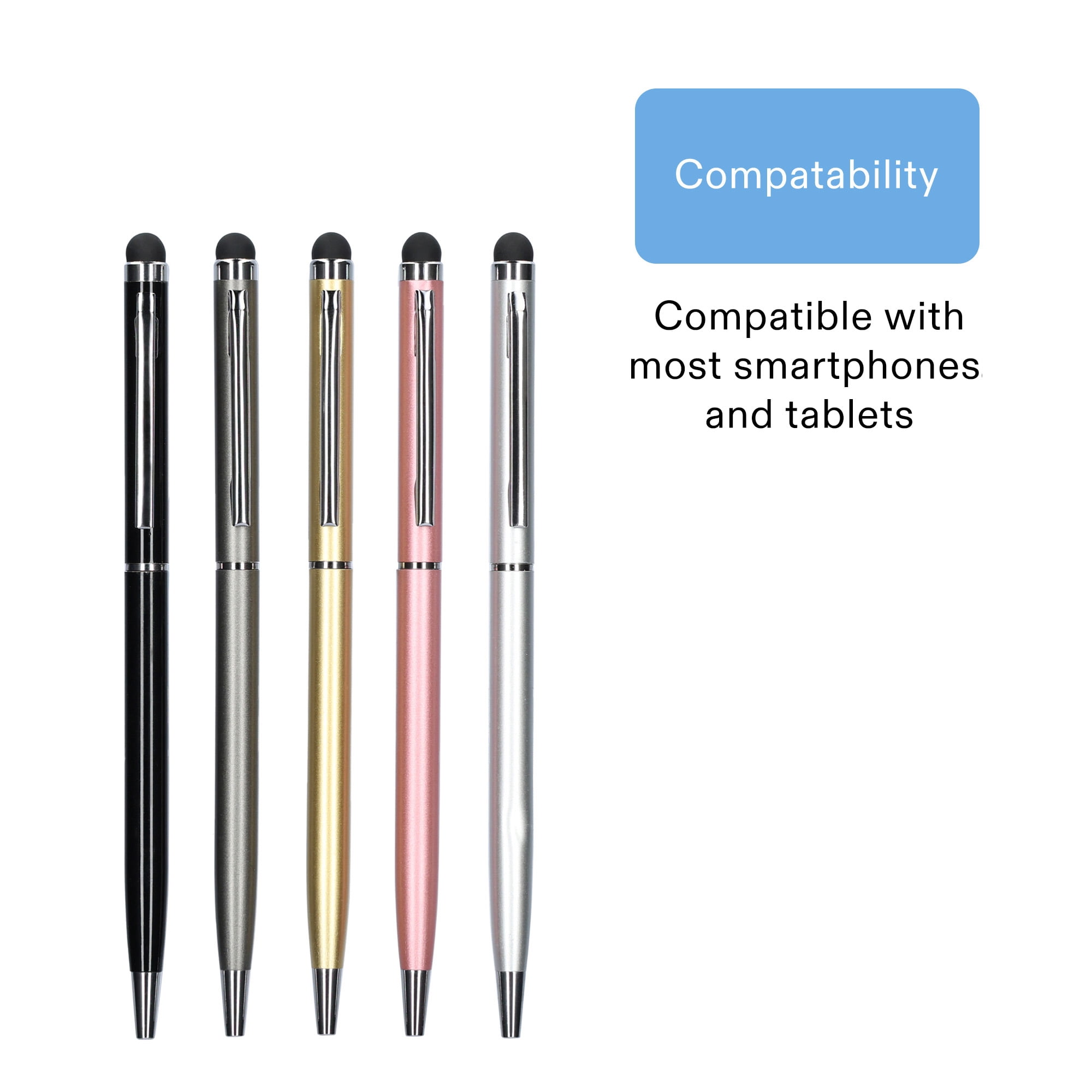 onn. 2-in-1 Stylus with Built-In Ballpoint Pen, 5 Pack