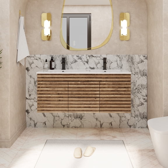 Eclife 48" Wall Mounted Double Sink Bathroom Vanity with Resin Top, Anti-Shock, Water Saving Faucet, Pop Up Drain