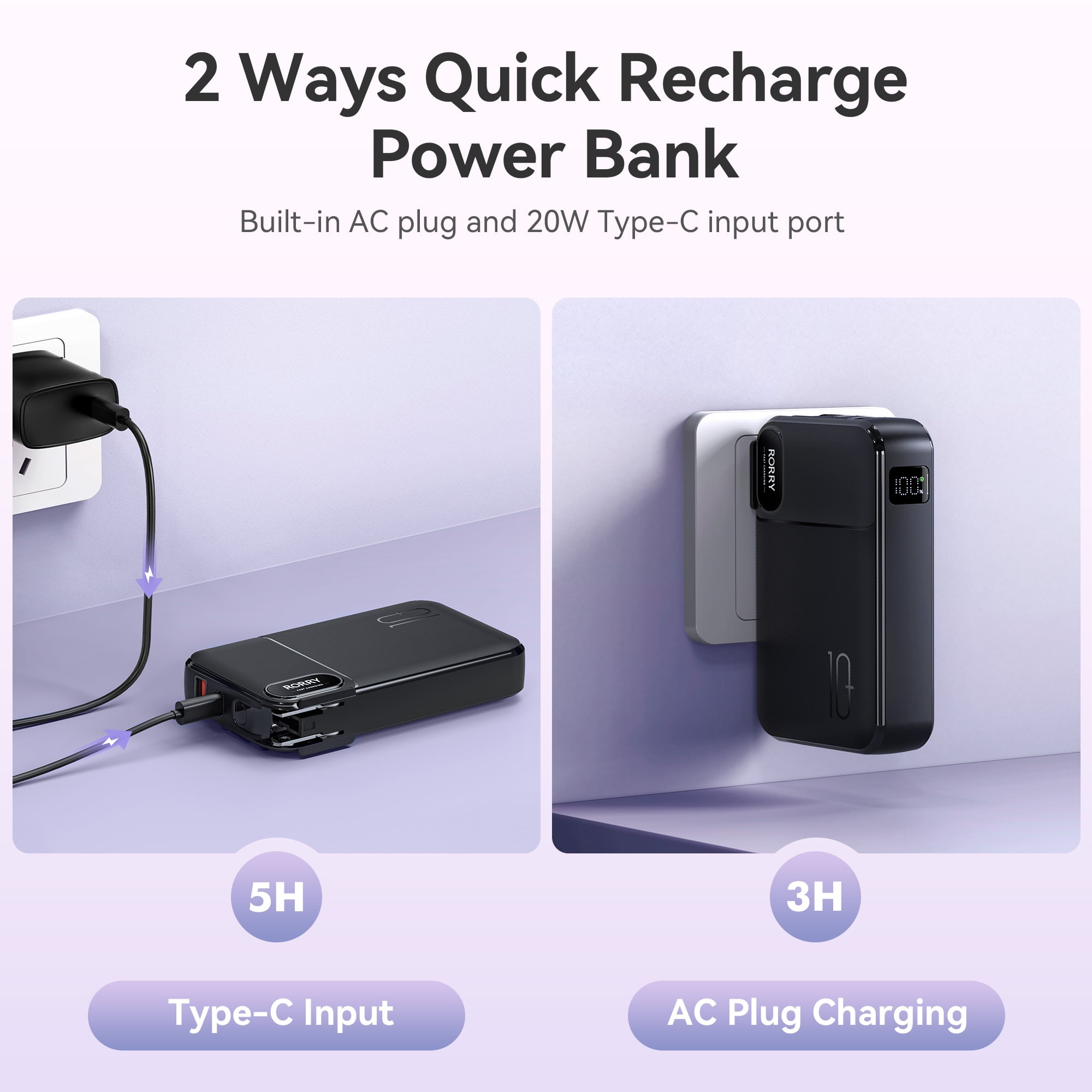RORRY Portable Charger with Built-in Cables 10000mAh and AC Wall Plug , 22.5W Fast Charging Power Bank for iPhone 17/16/15, Samsung Galaxy , Pixel, iPad – Green