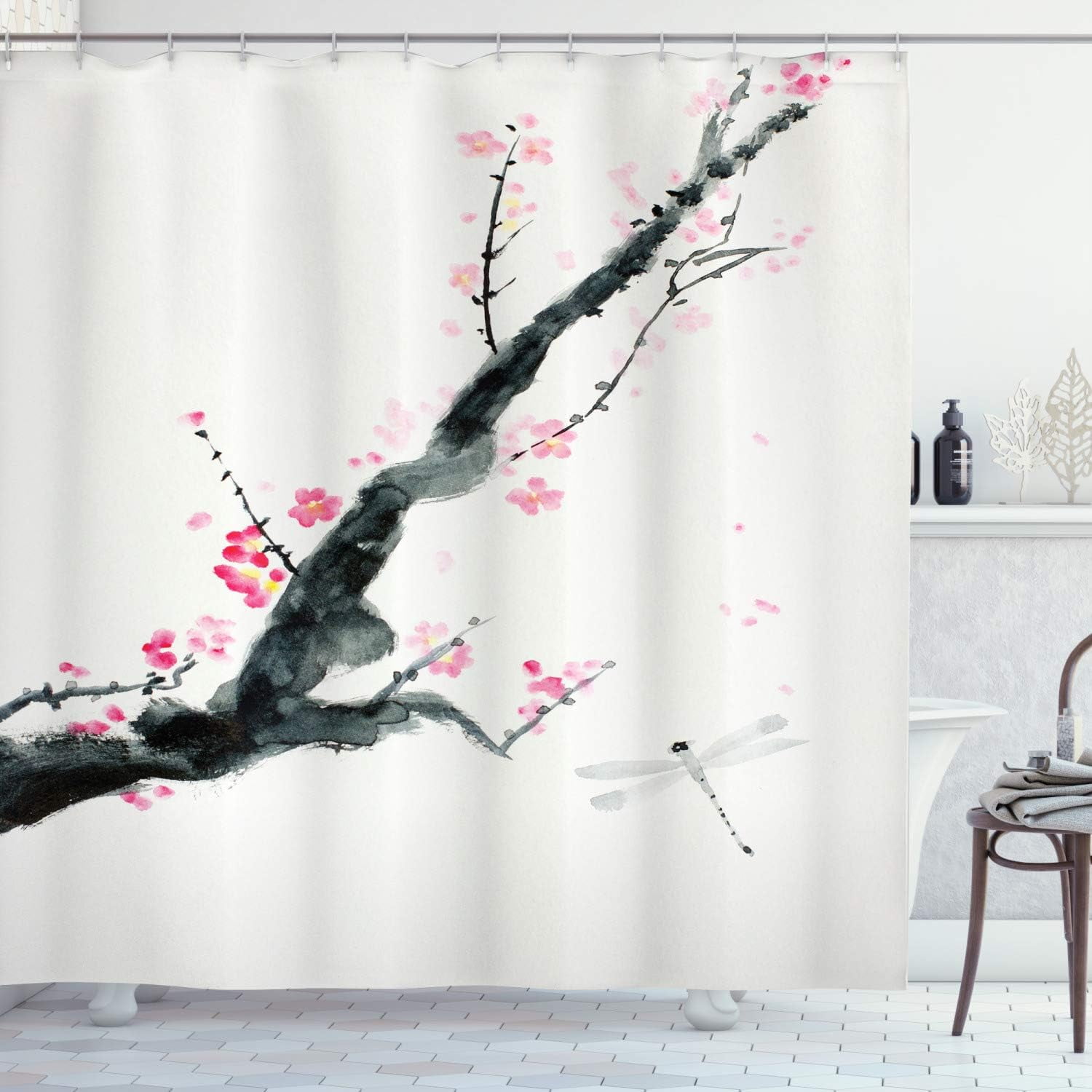 Sonernt Dragonfly Shower Curtain, Branch of a Pink Cherry Blossom