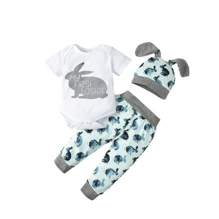 

Shalofer Baby Boys Girls Infant My First Easter Bunny Print Bodysuit Rabbit Romper (Gray 0-3 Months)