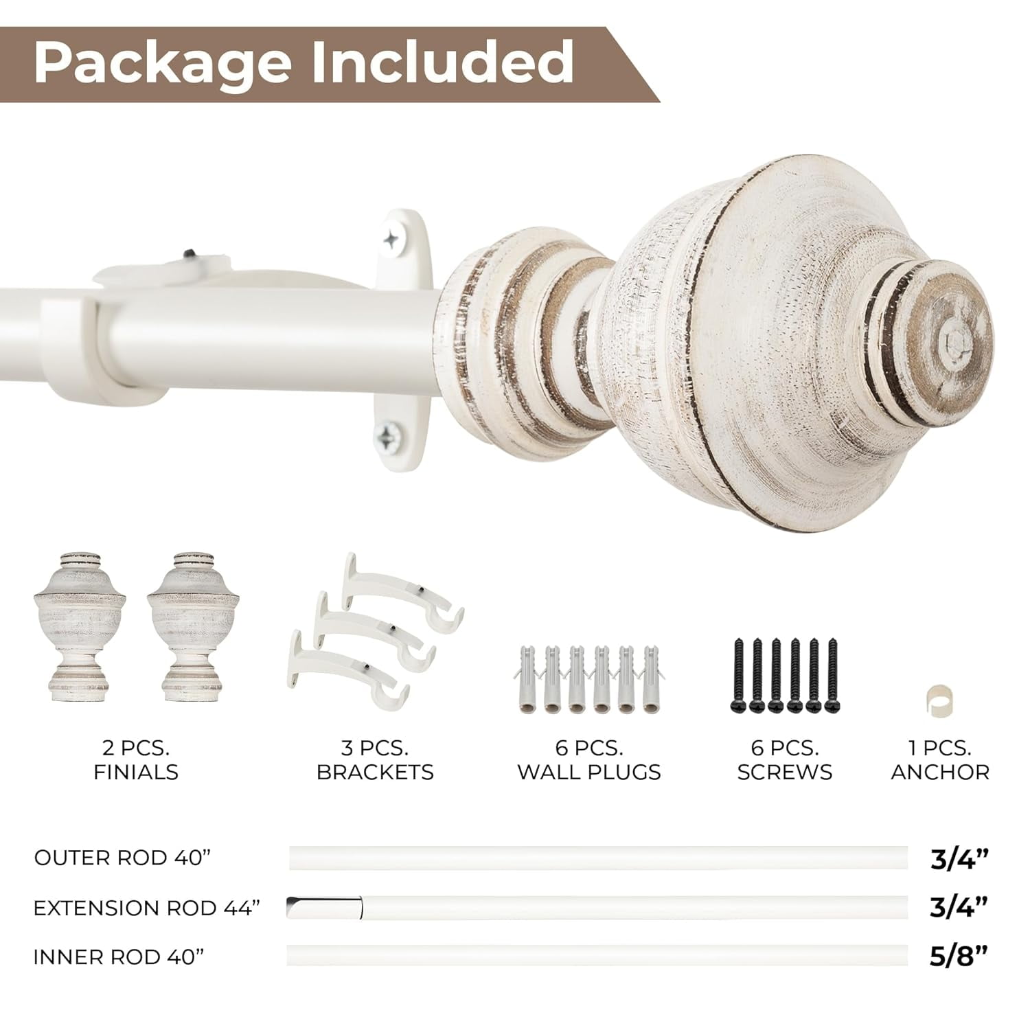 Deco Window Adjustable Curtain Rod for Windows 44 to 120 Inch (Pack of 1) Extendable Curtain Rod with Cambria Finial (Ivory)