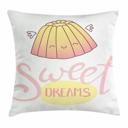 Sweet Dreams Throw Pillow Cushion Cover, Cute Sleeping Jelly with Wings Design Hand Lettering Calligraphy Dessert Theme, Decorative Square Accent Pillow Case, 16 X 16 Inches, Cream Pink, by