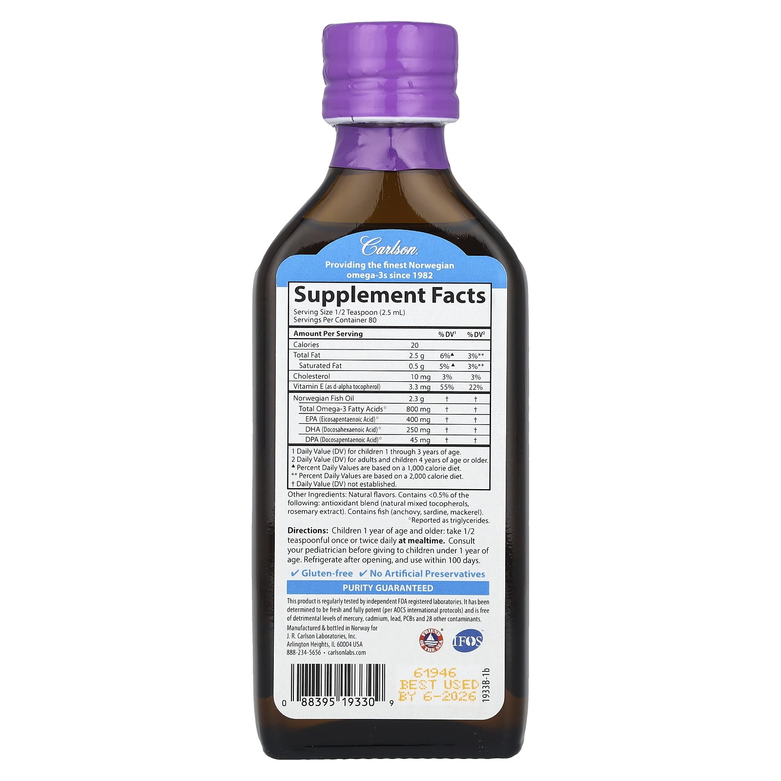 Carlson - Kid's The Very Finest Fish Oil, 800 mg Omega-3s, Norwegian, Wild Caught, Sustainably Sourced, Mixed Berry, 200 mL (6.7 fl oz)