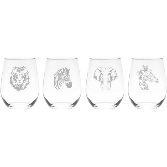 C&M Personal Gifts Giraffe, Lion, Elephant, and Zebra 17 oz. Stemless Wine Glass Set – Africa Animals Themed Gift - 4 Pieces