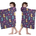 thumbnail image 4 of Purple Cartoon Dinosaurs Planets Stars Pattern Hooded Bath Towel，50"x30" for Ages 3 To 12 Kids, Quick Dry Lightweight Soft Microfiber Hood Beach Towel Cover Up for Kids, 4 of 7