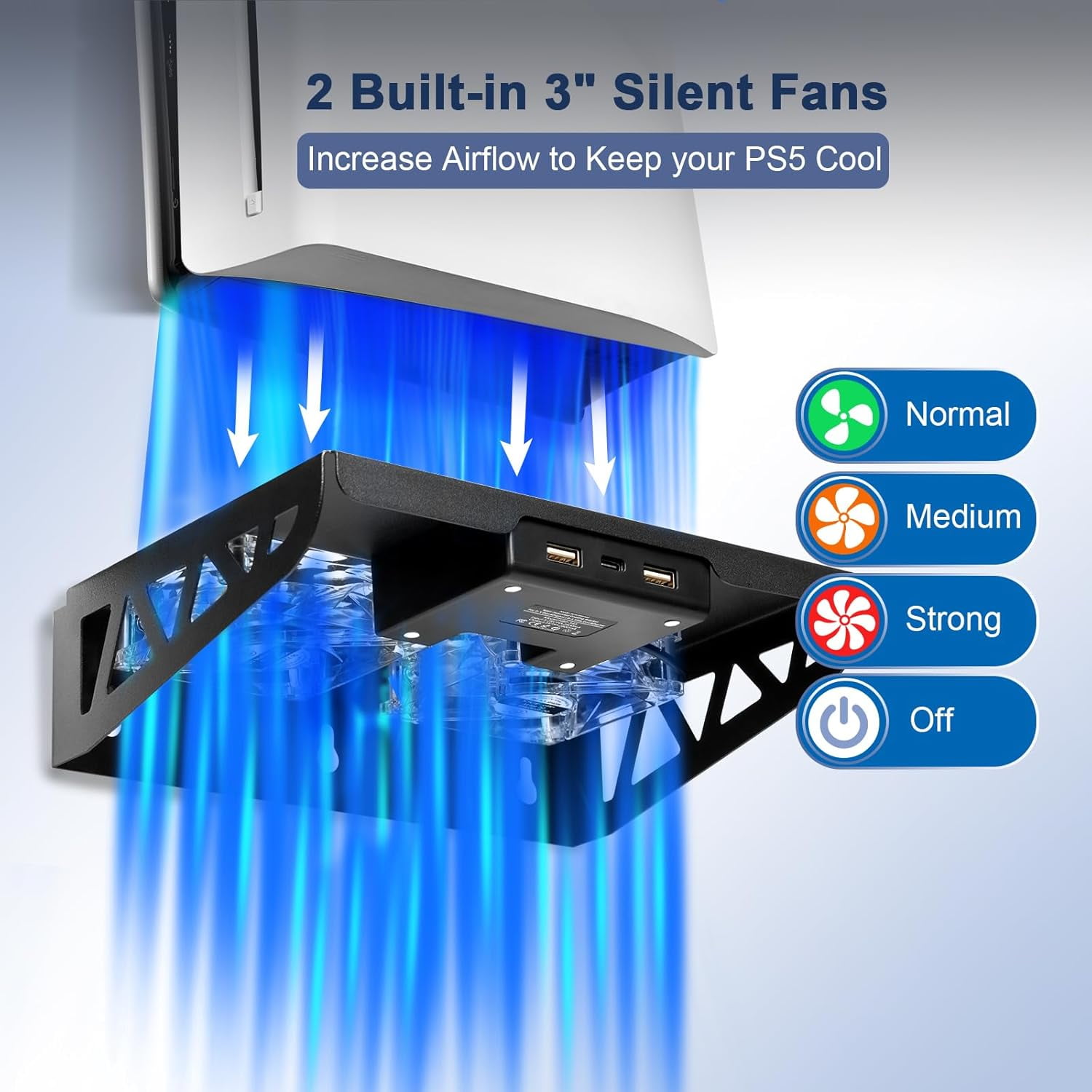 Wall Mount Kit for PS5/Slim with Charging Station and Cooling Fans, for PS5 Shelf Wall Mount Accessories, Steel Wall Stand with Dual Controller Charger, Headset Hanger for PS5  All Versions