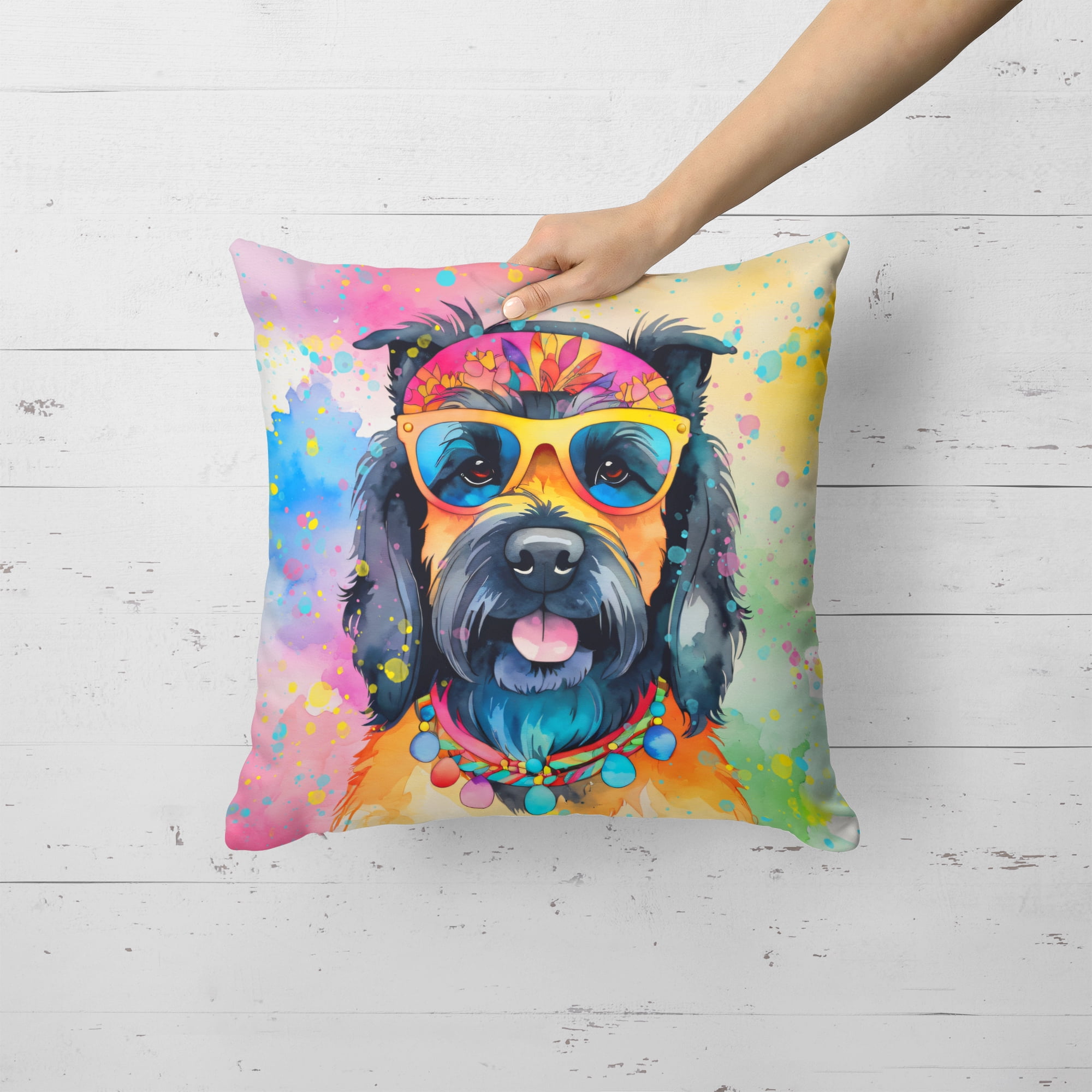 Scottish Terrier Hippie Dawg Fabric Decorative Pillow 18 in x 18 in