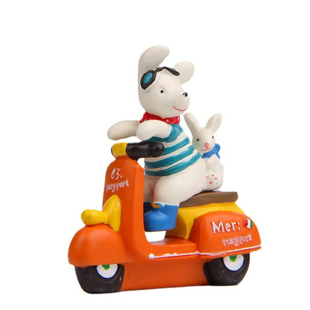 Figura de resina de perro y conejo en patinete para decoración de jardín