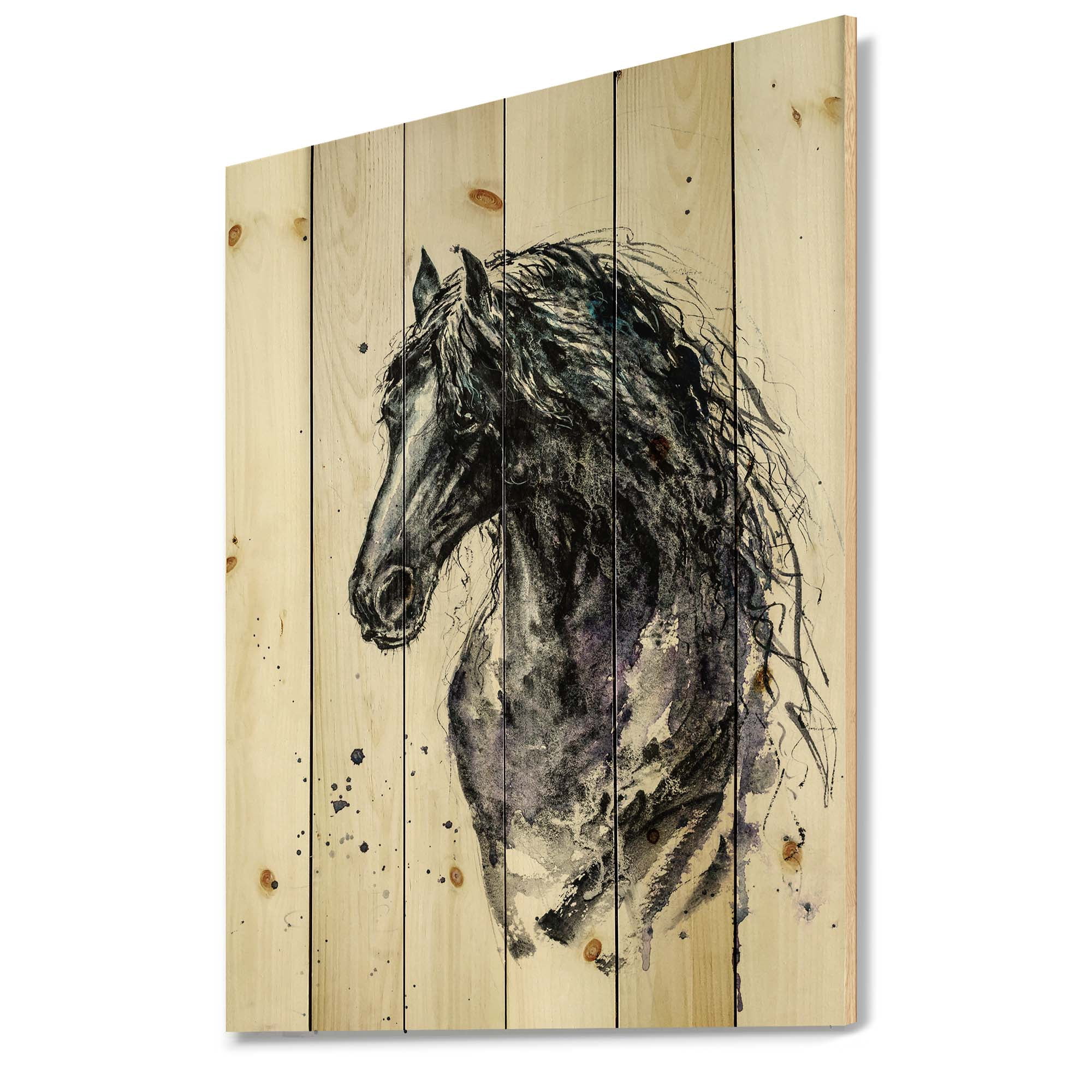 Designart 'Close Up of Friesian Horse With Long Manes' Farmhouse Print on Natural Pine Wood