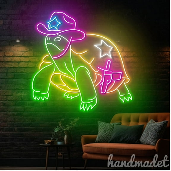 Handmadetneonsign Cowboy Turtle Neon Sign, Turtle Neon Light Wall Art Decor, Cowboy Home Wall Decor 64898