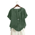 thumbnail image 5 of Women's Short Sleeve T-Shirt, Linen Blend Round Neck Blouse, Button Down Hem Casual Top, Solid Color Pullover for Everyday Wear, 5 of 6
