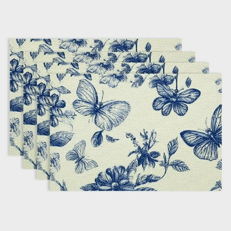 

Pratyus Set of 4 Floral Pattern and Butterflies Linen Table Mats for Dining Placemats with Heat Insulation Easy to Clean - Ideal for Birthday Parties Christmas Restaurants Home Decor 18x12in