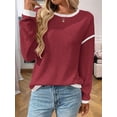 thumbnail image 3 of Women'S 2025 Fall Crew Neck Long Sleeve Oversized Color Block Sweaters Ribbed Knit Side Slit Pullover Wine Red XL, 3 of 7