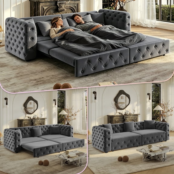 LLappuil Pull Out Sofa Bed King Size, 89" Chesterfield Sofa Couch Convertible Sofa Bed, Velvet Loveseat Sofa with Tufted Design for Living Room Gray