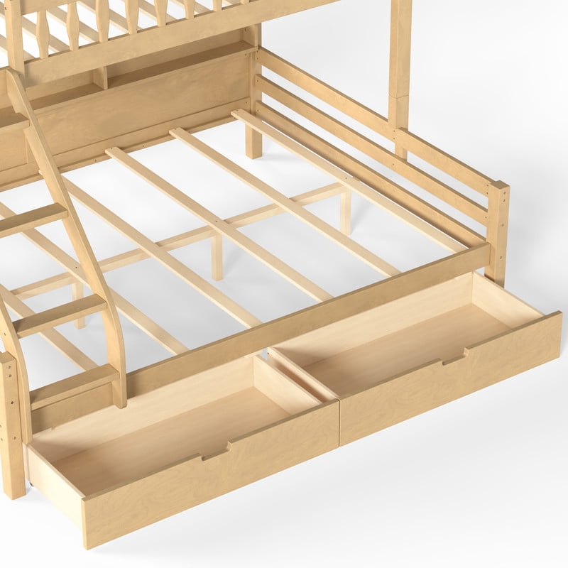 Twin XL-Over-Queen Wood Bunk Bed with Curved Guardrail & Ladder, Chic Kids Storage Bed Frame with Drawers & Bedside Shelves
