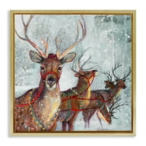 Stupell Industries Winter Reindeer Holiday Landscape Holiday Painting Gold Floater Framed Canvas Art Print Wall Art, 25 x 25