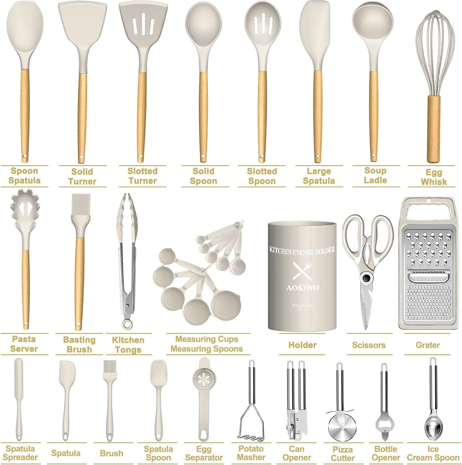Kitchen Utensil Set, AOKIWO 34Pieces Silicone Cooking Utensil Set with Wooden Handle, Heat Resistant Spatula Set Gadgets Tools Cookware, Khaki
