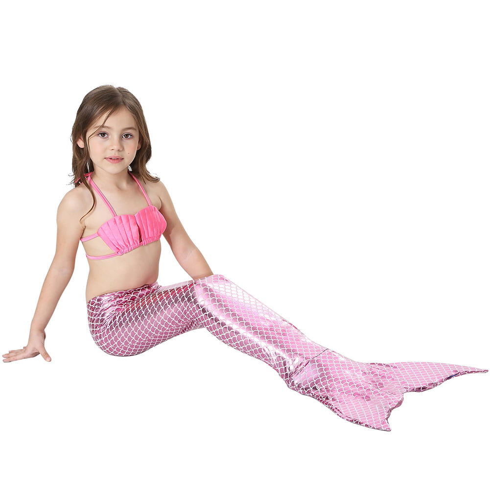 Girls 3pcs Swimwear Top Panties Mermaid Tail Swiming Costume Flippers Swimsuit 