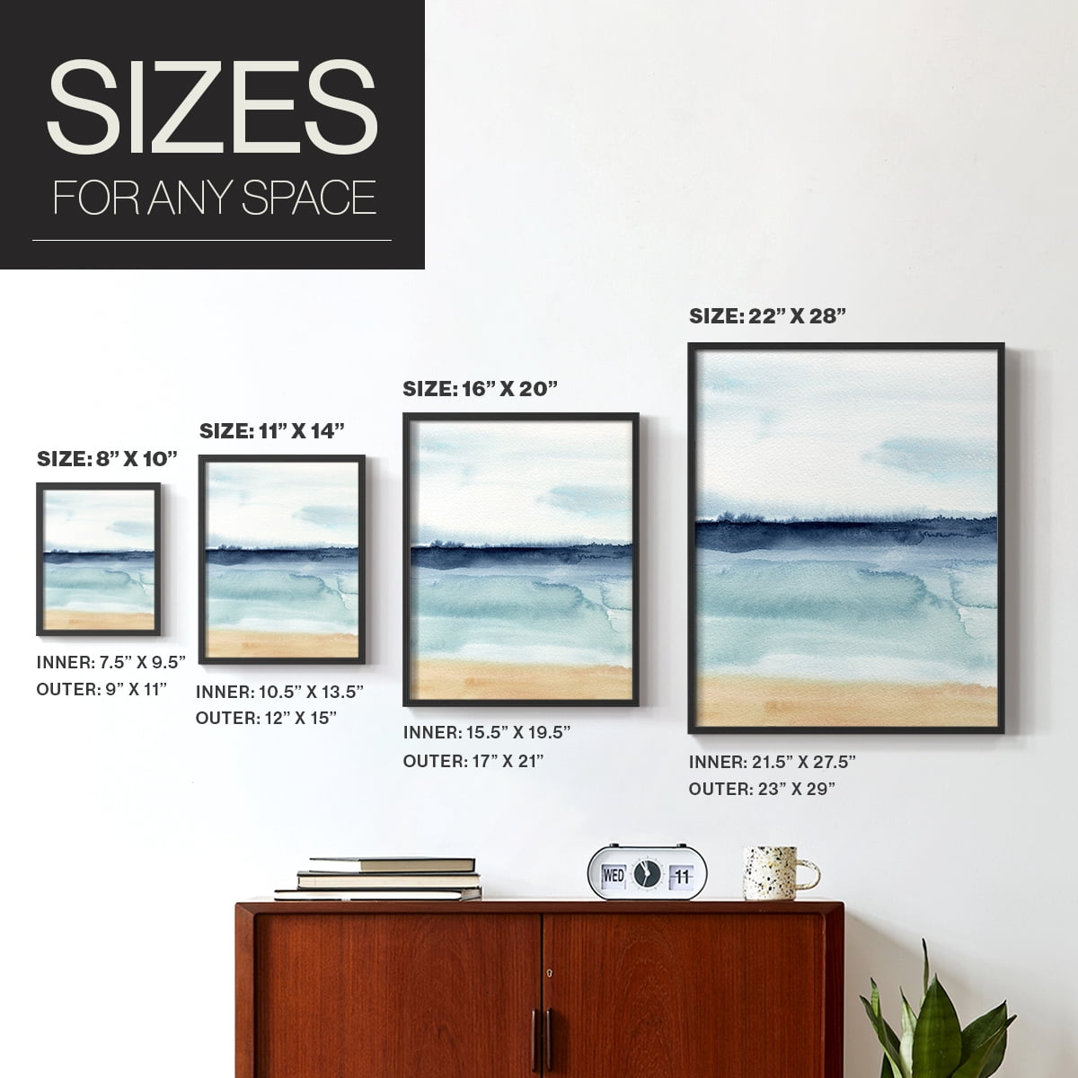 Watercolor Ocean Horizon I Framed Print in Black Solid Wood 16 x 20 Framed Print