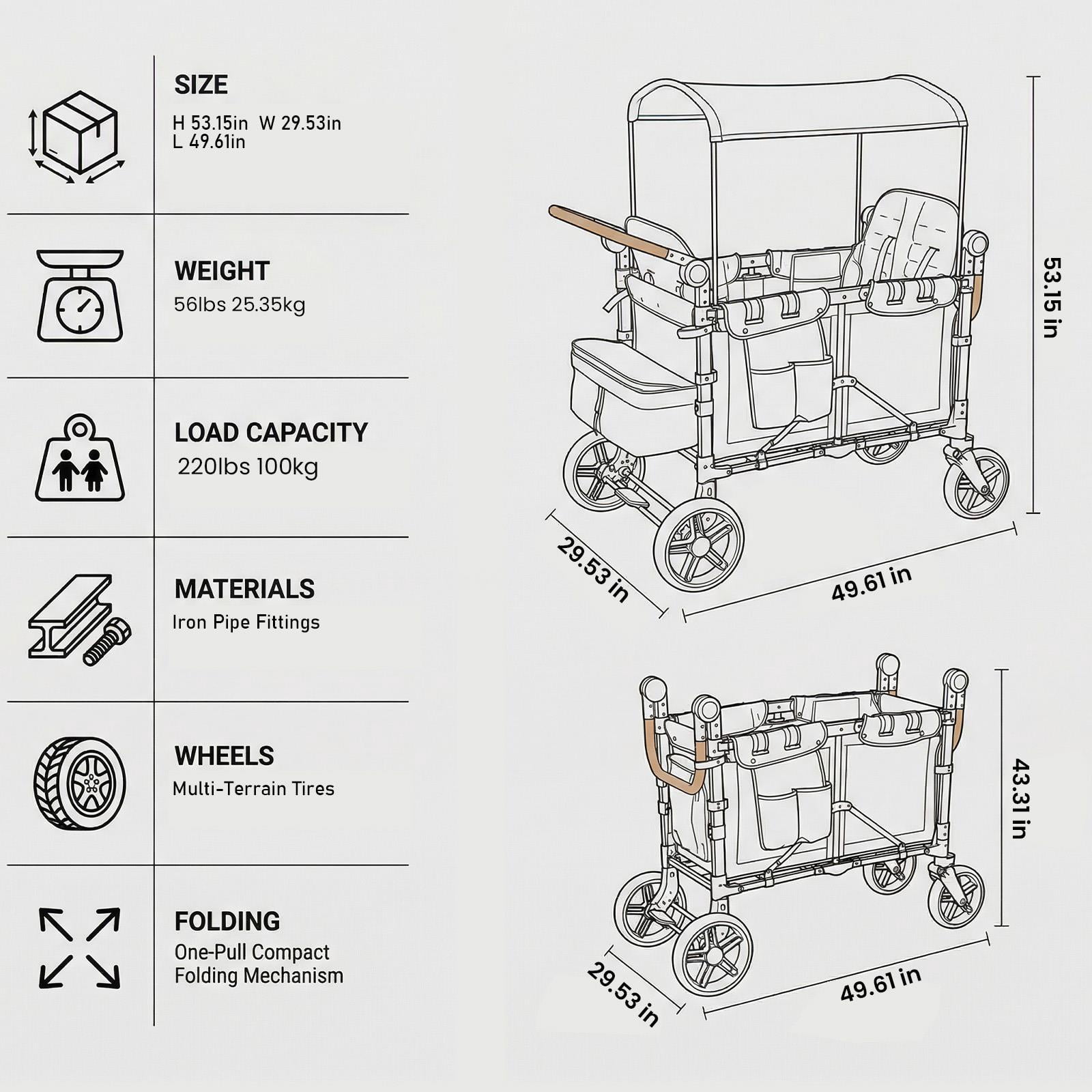 Collapsible Wagon Stroller, Wagon Stroller for 4 Kids with All Wheels Shock-Absorbing,5 Point Harness,Removable Canopy & Storage Bag for Outdoor