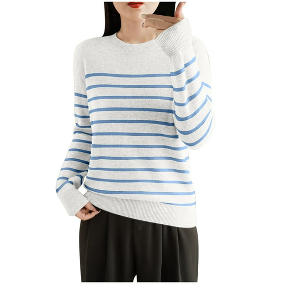 Fmbrln Womens Crew Neck Long Sleeve Knitted Sweaters Fall Fashion Casual Stripe Print Shirts Loose Comfy Pullover Tops Blue XL