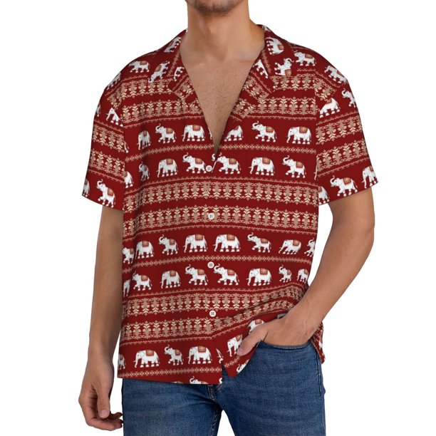 Fotbe Elephant Camisa Estampada de Manga Corta para Hombre, Casual de Verano, Estilo Playero, Sin Arrugas-Large