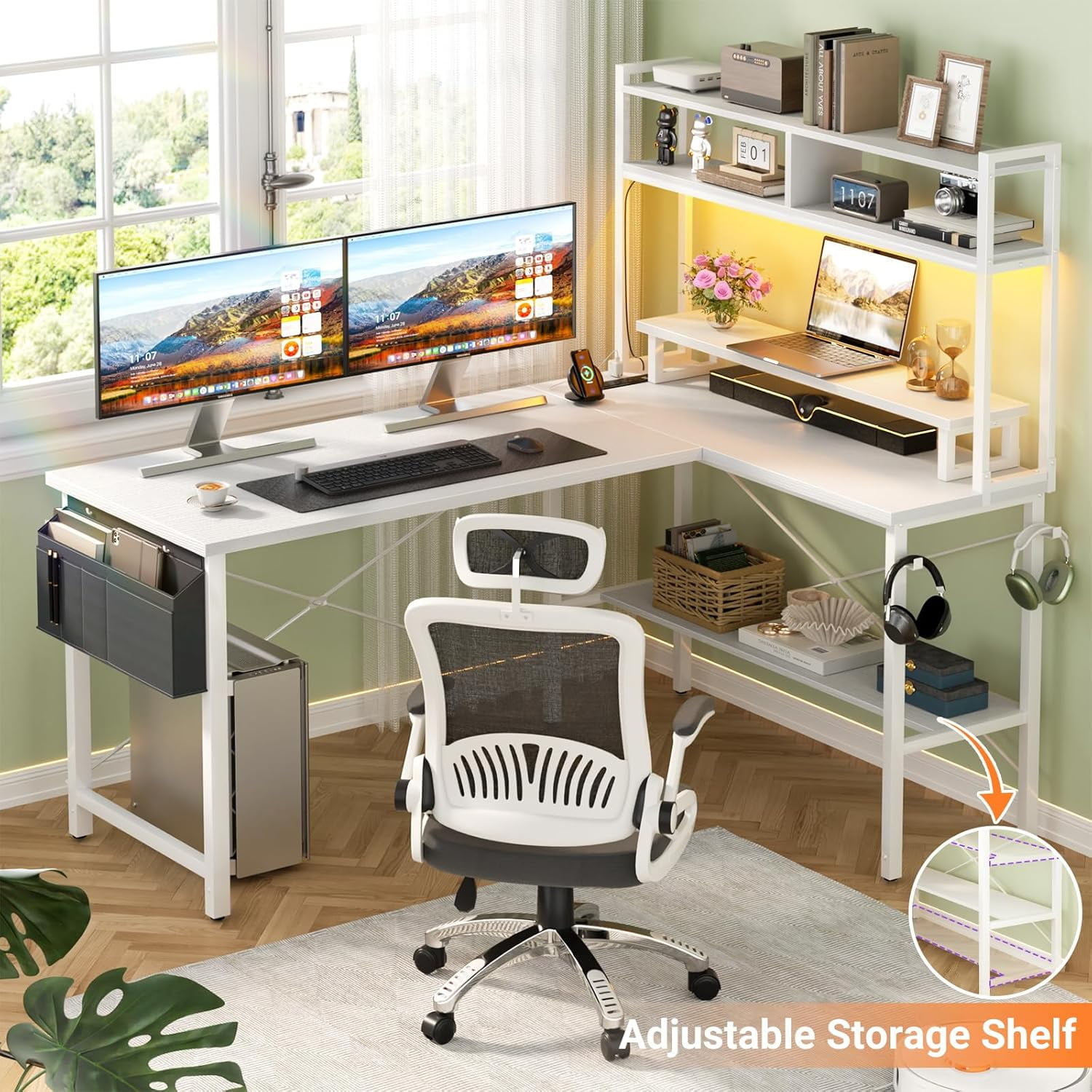 Homieasy L Shaped Gaming Desk with Power Outlets & LED Lights, Small L- Shaped Desk Computer Corner Desk with Monitor Stand & Storage Shelf, Home Office Desk Writing Desk with Storage Bag, White