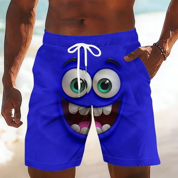 Fnnxeal Funny Mens Swim Trunks with 3D Smiley Face Print, Blue Cartoon Graphic Beach Shorts, Quick-Dry Novelty Swimwear & Board Shorts for Men, Drawstring Waist,Size S