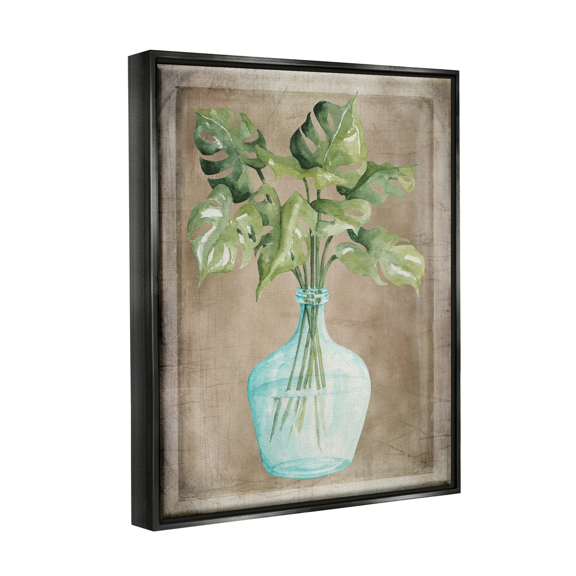 Stupell Industries Monstera Leaves Glass Vase Potted House Plant Painting Metallic Gold Floating Framed Canvas Print Wall Art, Design by Cindy Jacobs