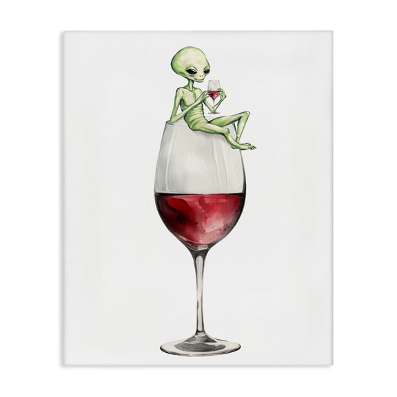 Stupell Industries Alien Perched on Wine Glass Food & Beverage Painting Wrapped Canvas Canvas Art Print Wall Art, 16 x 20
