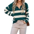 thumbnail image 2 of Women'S V Neck Striped Sweater Long Sleeve Oversized Fashion Knitted Pullover Fall Sweaters Tops Dark Green M, 2 of 9