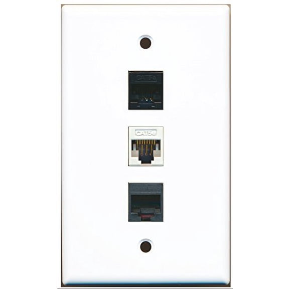RiteAV - 1 Port Phone RJ11 RJ12 Black and 1 Port Cat5e Ethernet White and 1 Port Cat5e Ethernet Black Wall Plate