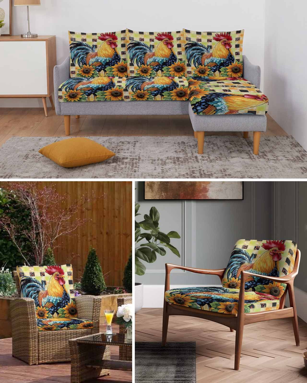 Retro Rooster Sofa Couch Cushion Covers Washable, Removable Stretchable Sectional Couch Covers, Yellow Sunflower Watercolor Animals Plaid Slipcovers for L & T Shape Sofa Protector S Size 1 pc
