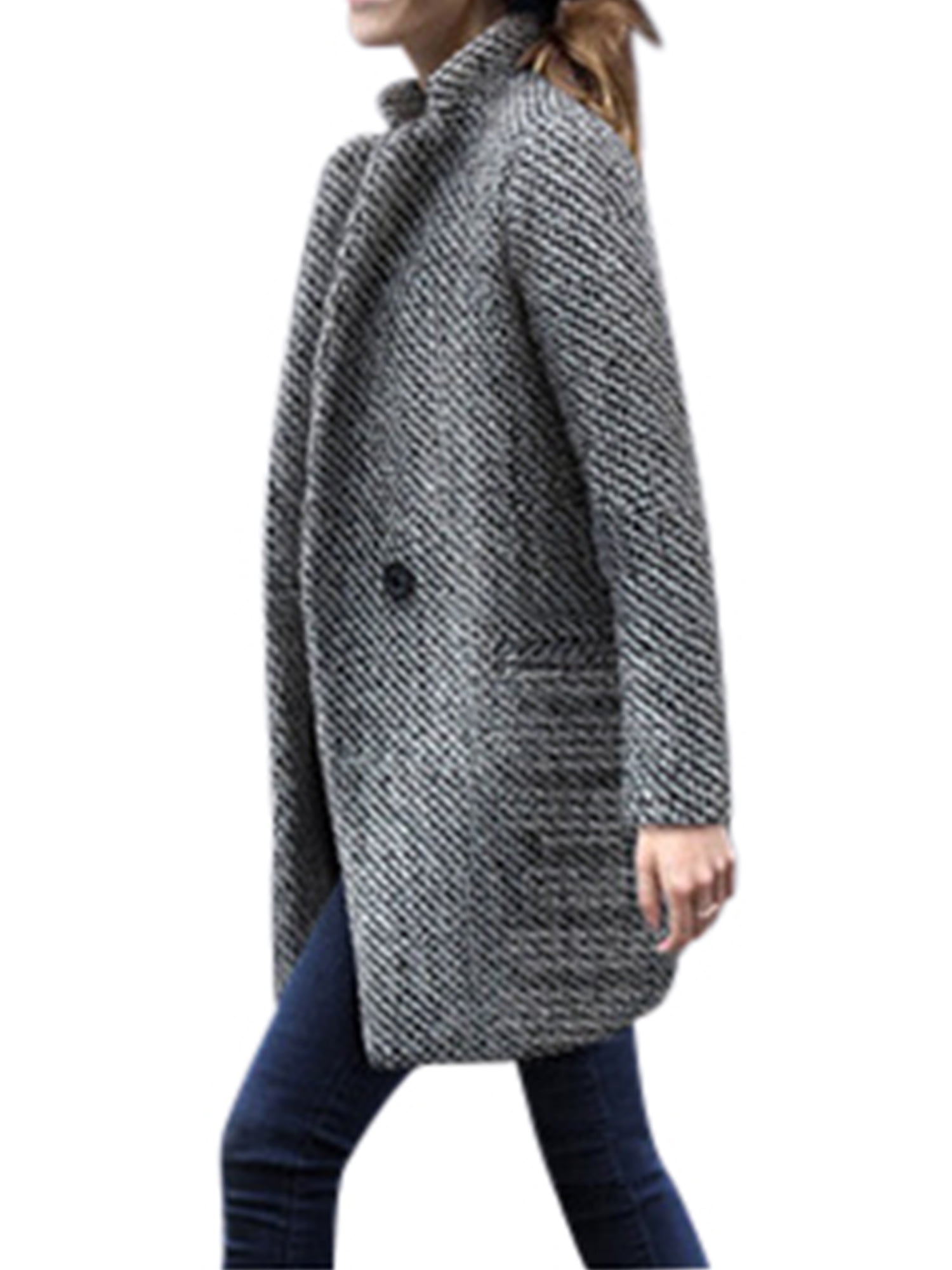 Women Elegent Plaid Jackets Overcoat Winter Long Sleeve Casual Trenchcoat Warm Fall Button Wool Coat