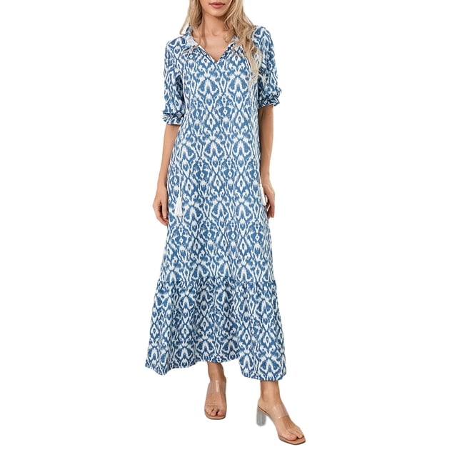 SUNSIOM Robe Longue pour Femmes, Élégante Manches Courtes Col en V Imprimé Fleur/graphique Robe Ample d'Été Décontractée