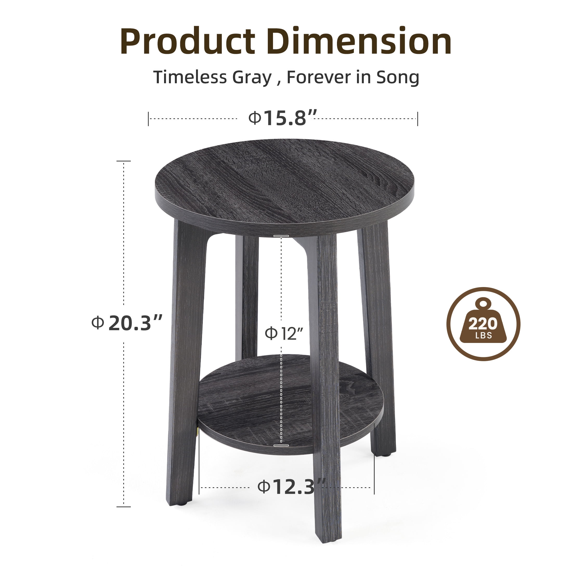 EDX Small Round End Table, Modern Nightstand with Tapered Legs, 2-Tier Storage Side Table, Easy Assembly, Space-Saving Accent Table for Living Room Bedroom, Grey
