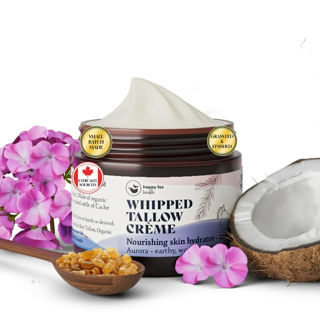 HAPPY FOX Crema para la piel de sebo orgánica alimentada con pasto y terminada - Hecha a mano en pequeños lotes con mezclas de aceites esenciales Bálsamo humectante de sebo de res para cuerpo y manos