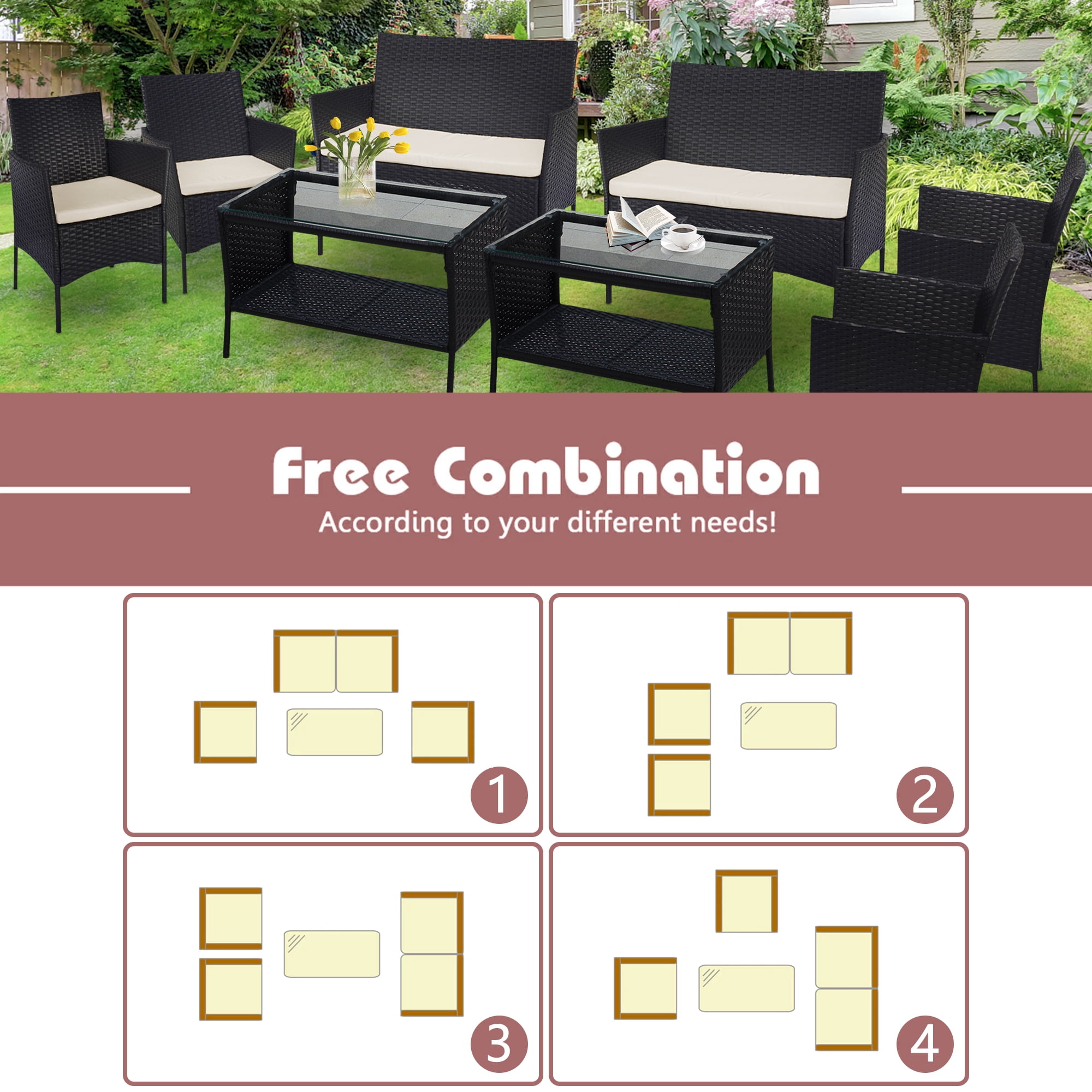 8 PCS Outdoor Patio Bistro Furniture Set, All-Weather Rattan Chair Set, Conversation Furniture Sets, Cushioned Seat & Glass Table, Bistro Table Set for Porch Garden Poolside Balcony, T208