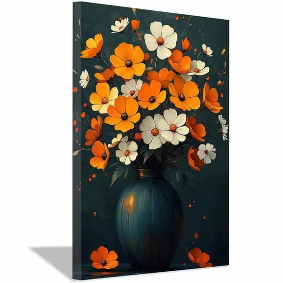 Mudket Orange and White Floral Bouquet Canvas Wall Art, Framed Wall Decor, Dark Teal Vase Flower Print for Living Room, Ready to Hang - 12"L x 8"W