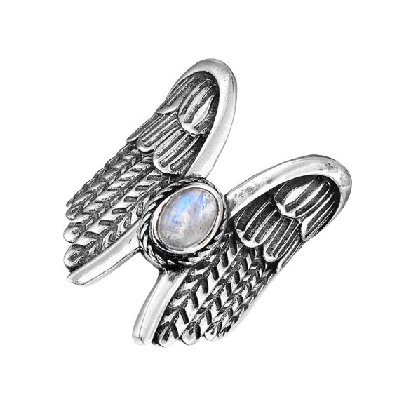 Guodhu Retro Vintage Silver Full Finger Chunky Statement Band Ring, Oval Gemstone Angel Wings Wide Band Ringfor Women