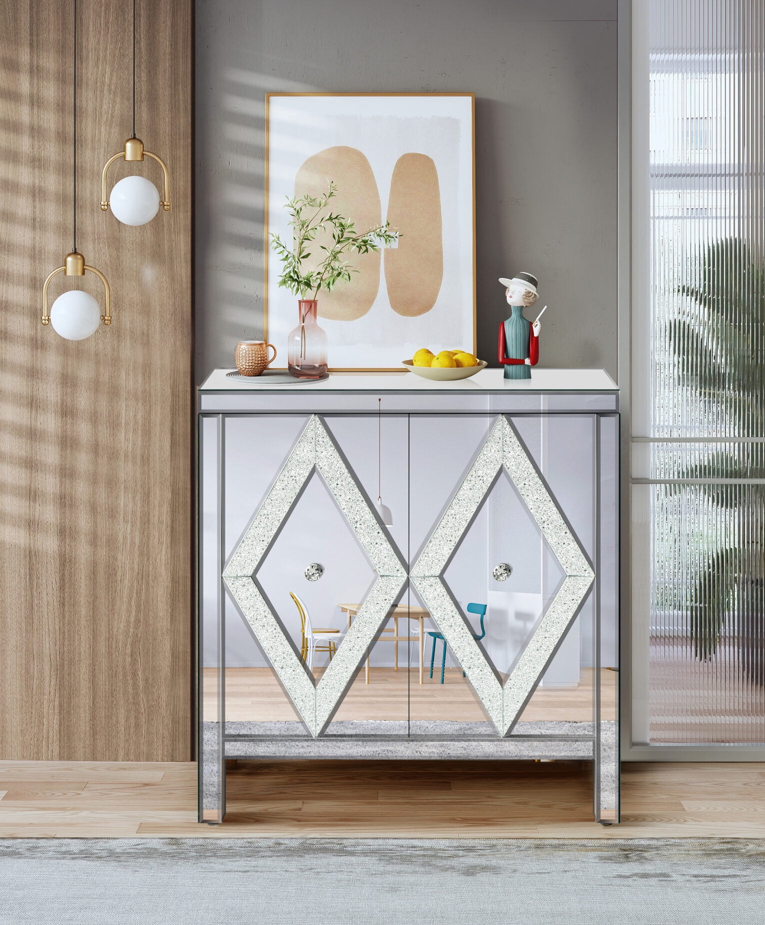Silver Storage Cabinet with Mirror Trim and M Shape Design
