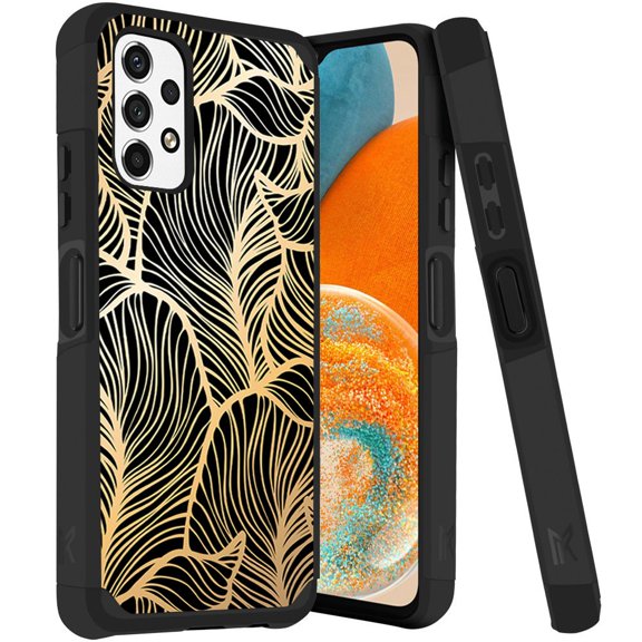 ANJ  Rugged Dual Layered Shockproof Slim Hybrid Case   Tempered Glass Cover Compatible with Samsung Galaxy A23 5G - Golden Leaves