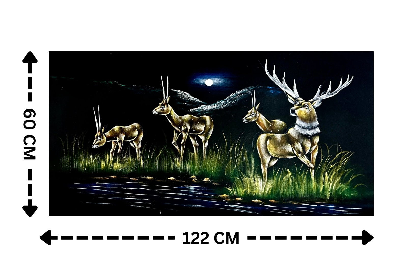 Gazelles Deer by Moonlit River Velvet Painting (122x60 cm) | Fabric Painting | Big Wall Art | Home Decor