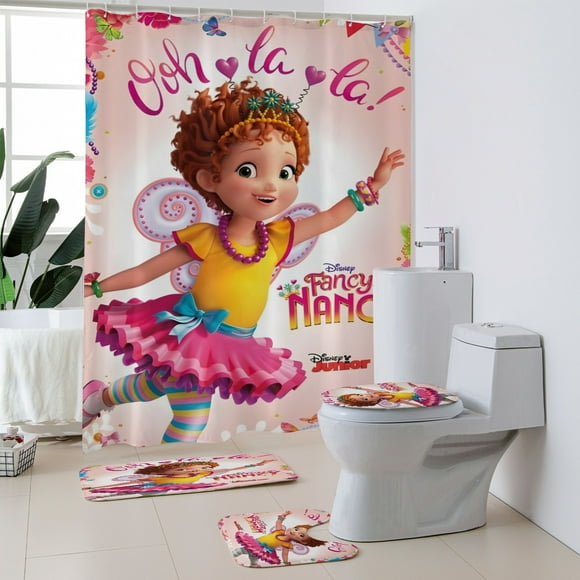 Fancy Nancy Polyester Bath 4-Piece—Shower curtain, toilet mat + two floor mats.