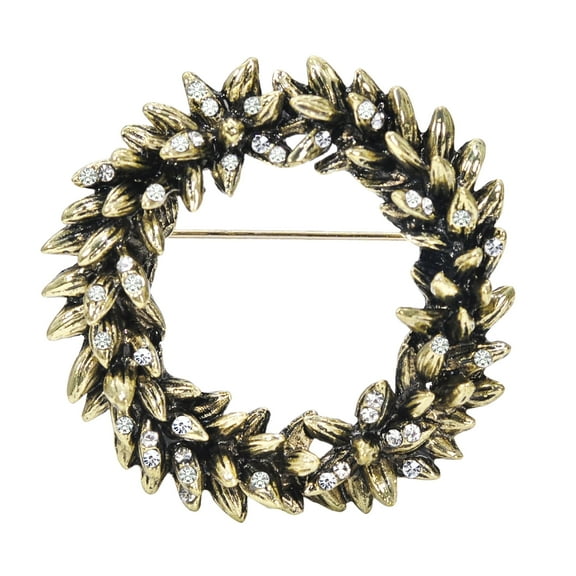 Gyn&Joy Leaf Floral Christmas Wreath Clear, Crystal Rhinestone Antique Vintage Inspired Pin Brooch
