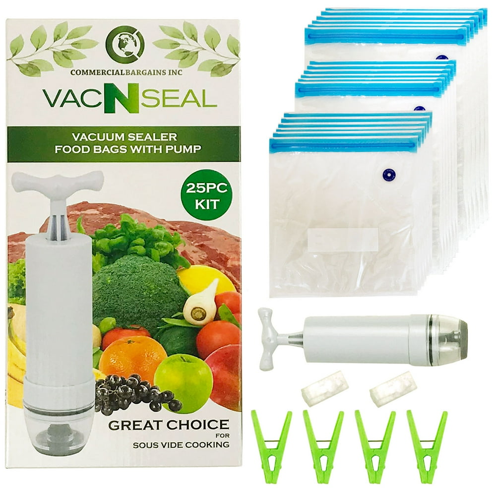 25PC Sous Vide Vacuum Sealer Kit 18 Reusable Resealable Zipper Food Bags With 1 Handheld Pump