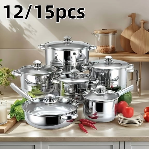 12/15pcs Stainless Steel Pots Set 12pcs Kitchen Cookware Set, Non-Toxic Cooking Set with Stay-Cool Handles, Dishwasher Safe, Pots And Pans Set Cookware Sets with Glass Lid, Ideal Housewarming Gift