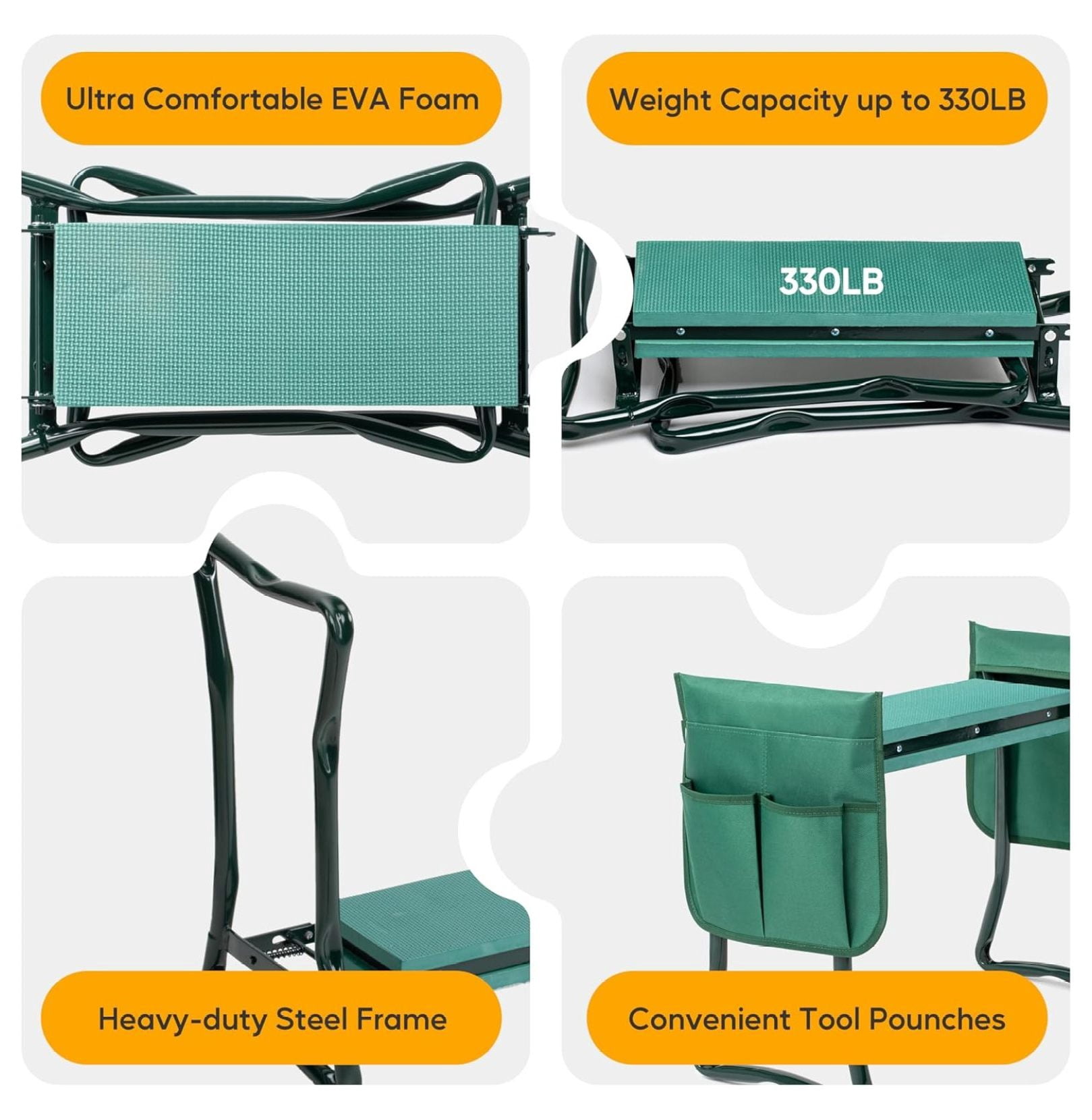 Garden Kneeler and Seat, Foldable Gardening Stool with Tool Pouch - Heavy Duty Kneeling Pad for Outdoor Work, Fishing, Arbor Day Gift - Green